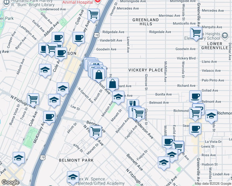 map of restaurants, bars, coffee shops, grocery stores, and more near 5221 Bonita Avenue in Dallas