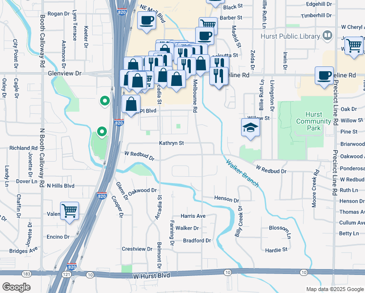 map of restaurants, bars, coffee shops, grocery stores, and more near 1221 Kathryn Street in Hurst