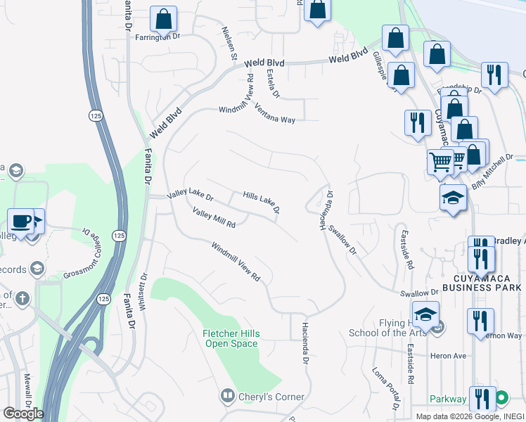 map of restaurants, bars, coffee shops, grocery stores, and more near 2086 Valley Lake Drive in El Cajon