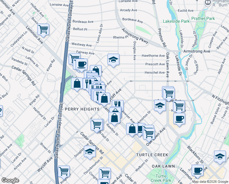 map of restaurants, bars, coffee shops, grocery stores, and more near 4315 Holland Avenue in Dallas
