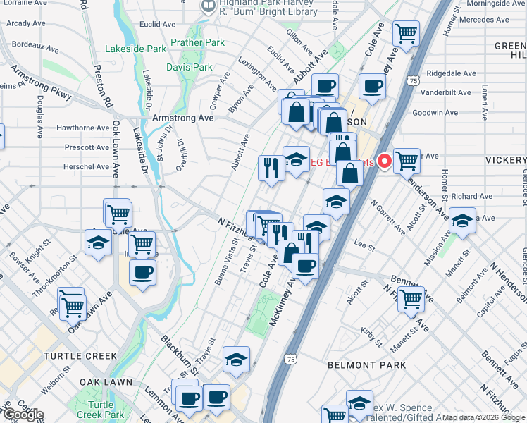 map of restaurants, bars, coffee shops, grocery stores, and more near 4233 Travis Street in Dallas
