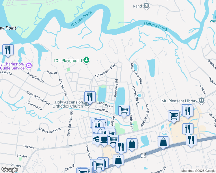 map of restaurants, bars, coffee shops, grocery stores, and more near 121 West Shipyard Road in Mount Pleasant