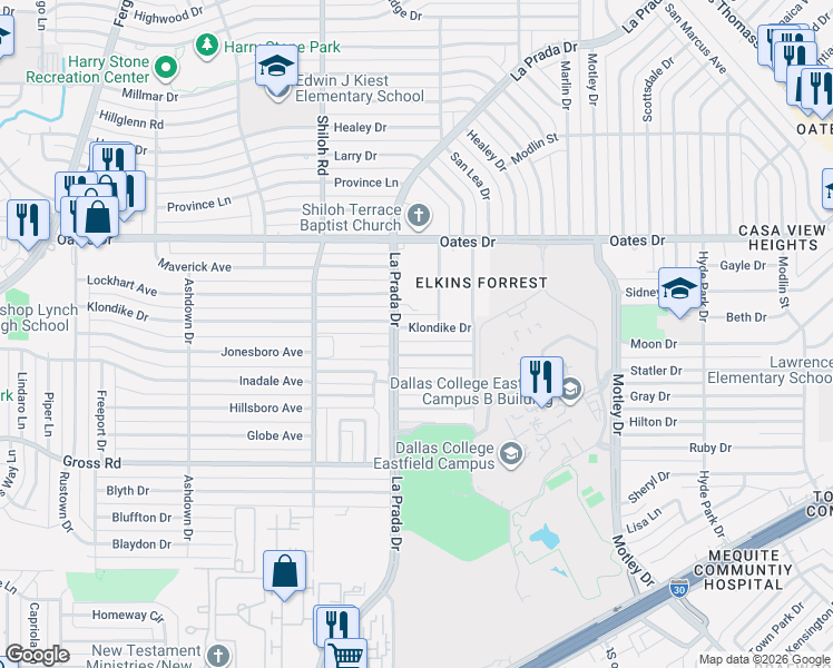 map of restaurants, bars, coffee shops, grocery stores, and more near 2918 Klondike Drive in Dallas