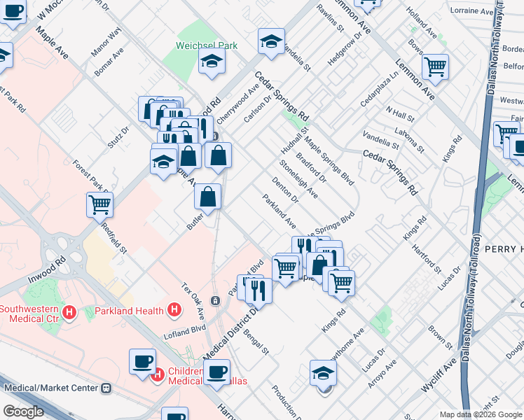 map of restaurants, bars, coffee shops, grocery stores, and more near 5306 Fleetwood Oaks Avenue in Dallas