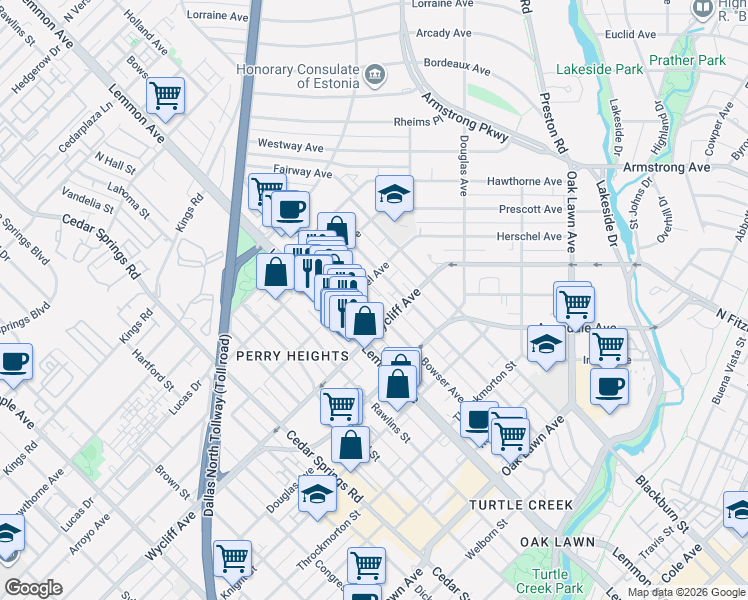 map of restaurants, bars, coffee shops, grocery stores, and more near 4324 Bowser Avenue in Dallas