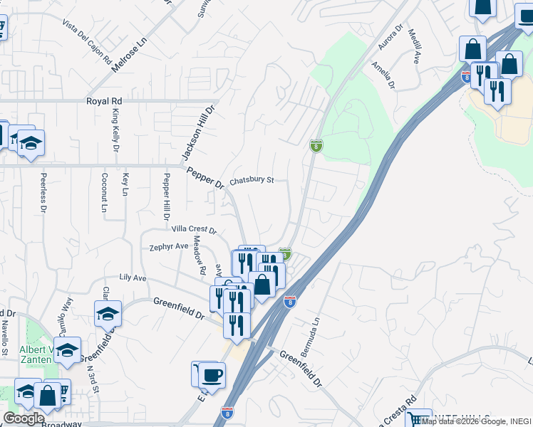 map of restaurants, bars, coffee shops, grocery stores, and more near 1663 Arnheim Court in El Cajon