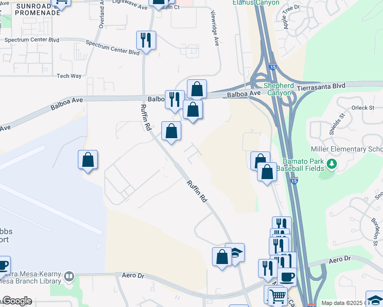 map of restaurants, bars, coffee shops, grocery stores, and more near 4181 Ruffin Road in San Diego