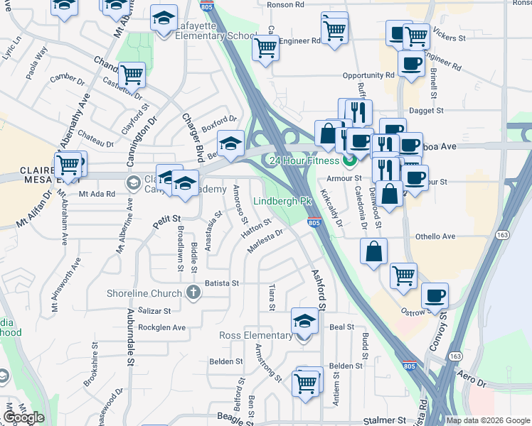 map of restaurants, bars, coffee shops, grocery stores, and more near 4150 Ashford Street in San Diego