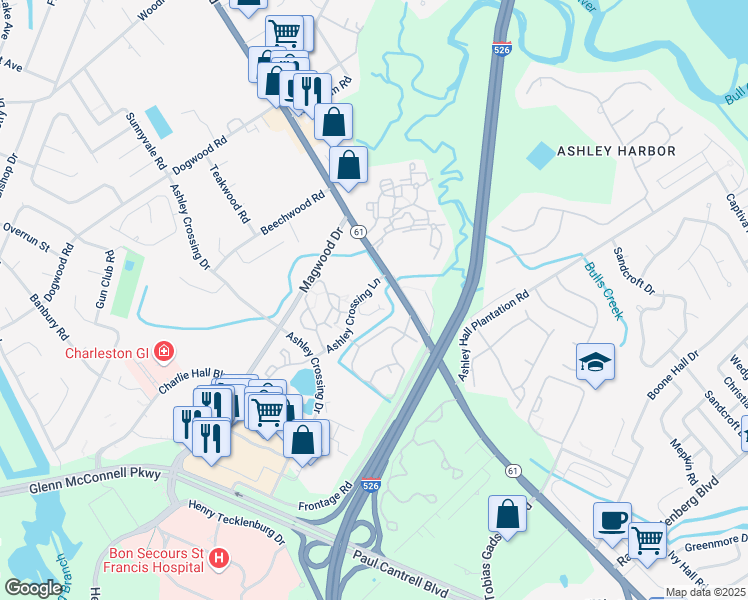 map of restaurants, bars, coffee shops, grocery stores, and more near 2235 Ashley River Road in Charleston