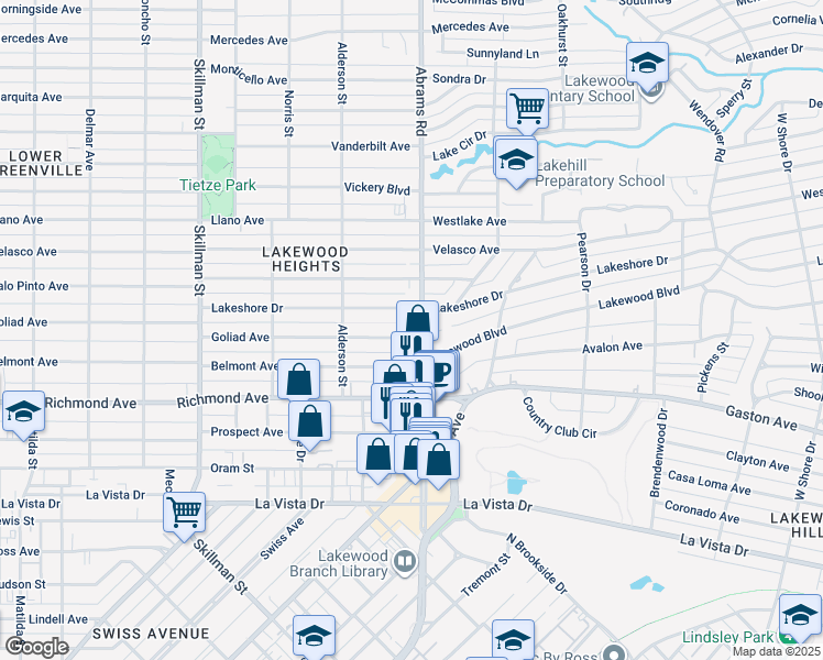 map of restaurants, bars, coffee shops, grocery stores, and more near 2405 Abrams Road in Dallas
