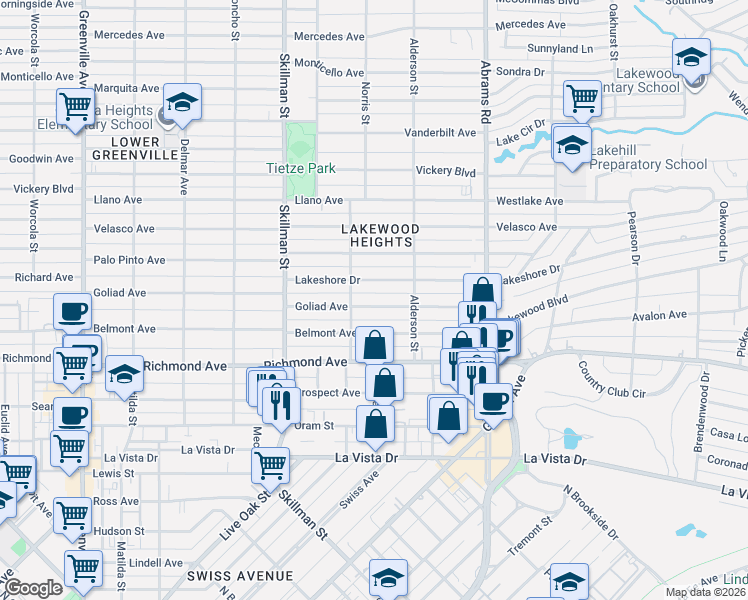 map of restaurants, bars, coffee shops, grocery stores, and more near 6237 Goliad Avenue in Dallas