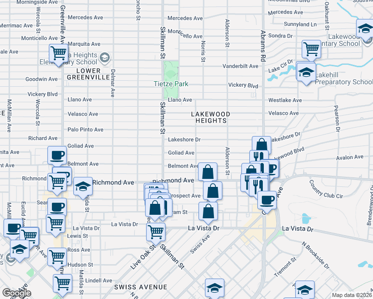 map of restaurants, bars, coffee shops, grocery stores, and more near 6163 Goliad Avenue in Dallas