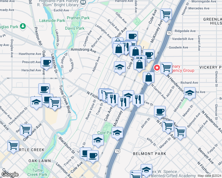 map of restaurants, bars, coffee shops, grocery stores, and more near 104 Lee Street in Dallas