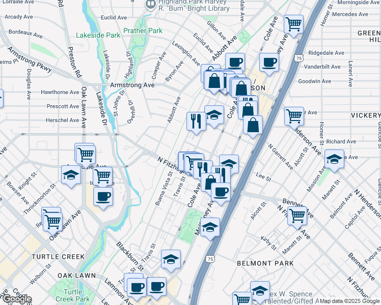 map of restaurants, bars, coffee shops, grocery stores, and more near 4233 Travis Street in Dallas
