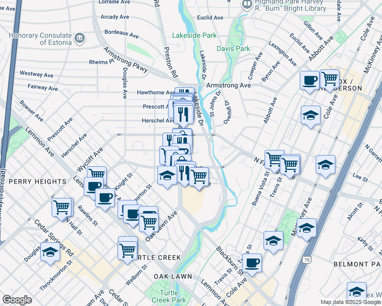 map of restaurants, bars, coffee shops, grocery stores, and more near 4335 Newton Court in Dallas