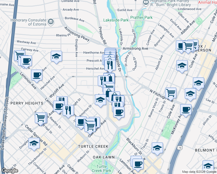 map of restaurants, bars, coffee shops, grocery stores, and more near 4026 Oak Lawn Avenue in Dallas