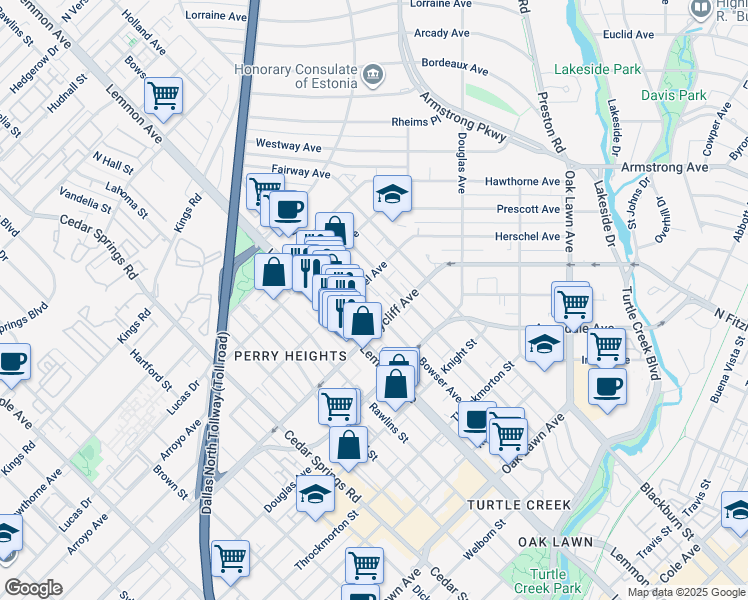 map of restaurants, bars, coffee shops, grocery stores, and more near 4424 Bowser Avenue in Dallas