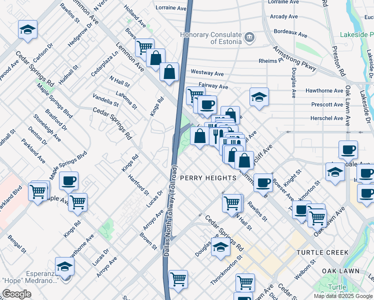 map of restaurants, bars, coffee shops, grocery stores, and more near 3322 Hawthorne Avenue in Dallas