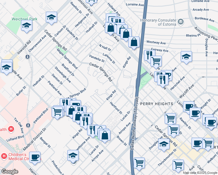 map of restaurants, bars, coffee shops, grocery stores, and more near 4845 Cedar Springs Road in Dallas