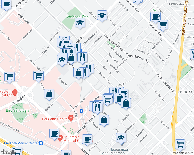 map of restaurants, bars, coffee shops, grocery stores, and more near 5306 Fleetwood Oaks Avenue in Dallas