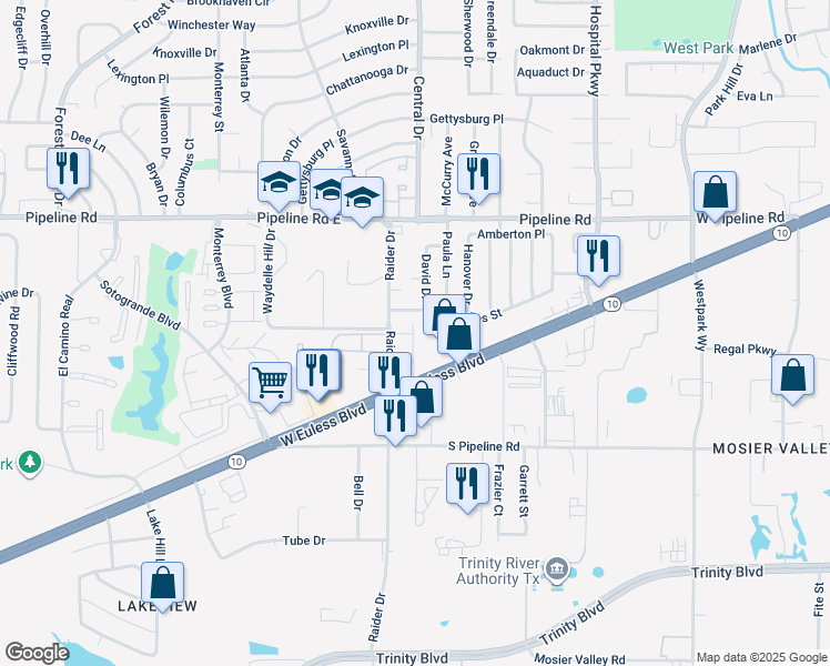 map of restaurants, bars, coffee shops, grocery stores, and more near in Euless