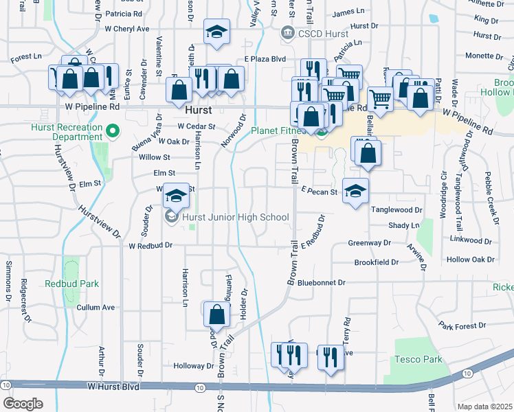 map of restaurants, bars, coffee shops, grocery stores, and more near 528 Oak Park Drive in Hurst