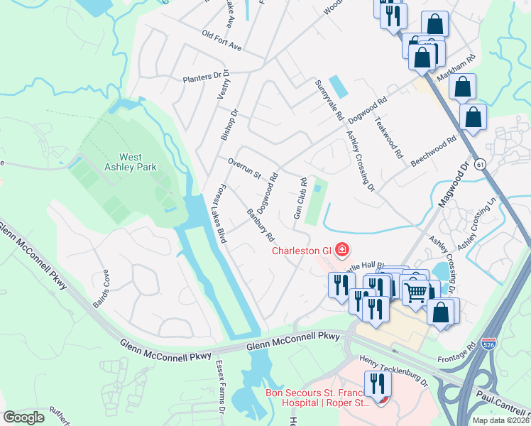 map of restaurants, bars, coffee shops, grocery stores, and more near 2067 Dogwood Road in Charleston
