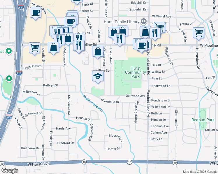 map of restaurants, bars, coffee shops, grocery stores, and more near 521 Livingston Drive in Hurst