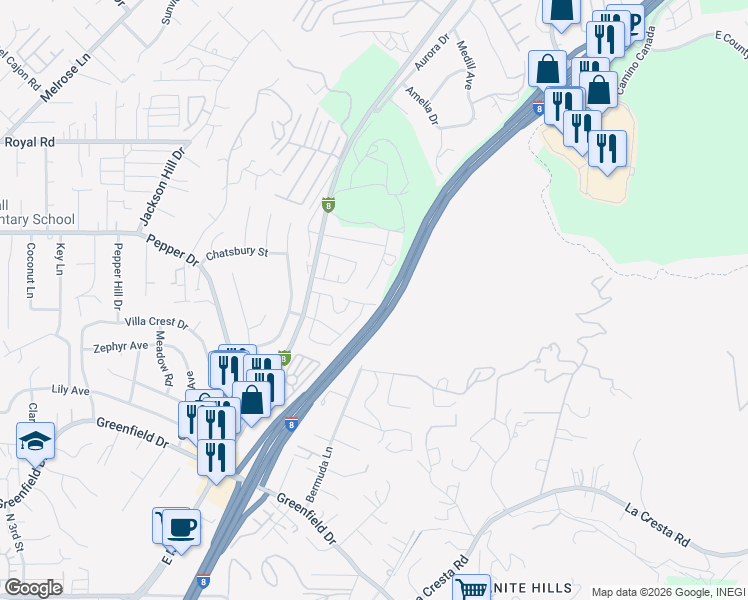 map of restaurants, bars, coffee shops, grocery stores, and more near 1914 Priest Street in El Cajon