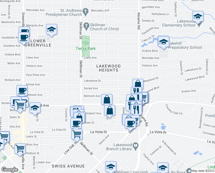 map of restaurants, bars, coffee shops, grocery stores, and more near 6225 Goliad Avenue in Dallas