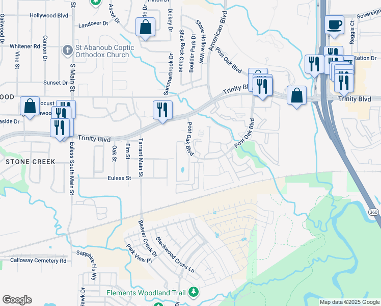 map of restaurants, bars, coffee shops, grocery stores, and more near 3745 Post Oak Boulevard in Euless