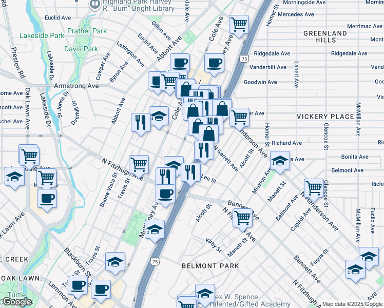 map of restaurants, bars, coffee shops, grocery stores, and more near 3031 Oliver Street in Dallas