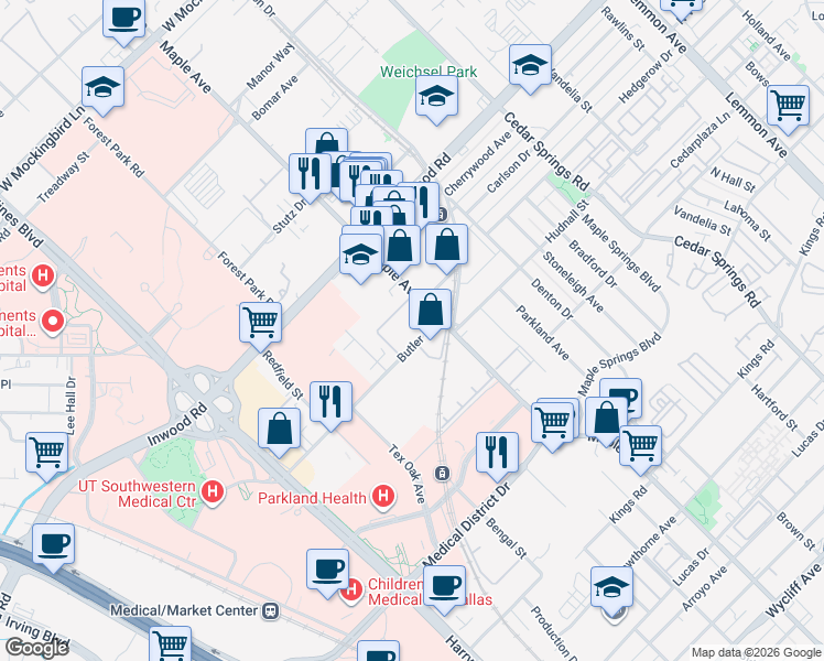 map of restaurants, bars, coffee shops, grocery stores, and more near 5419 Maple Avenue in Dallas