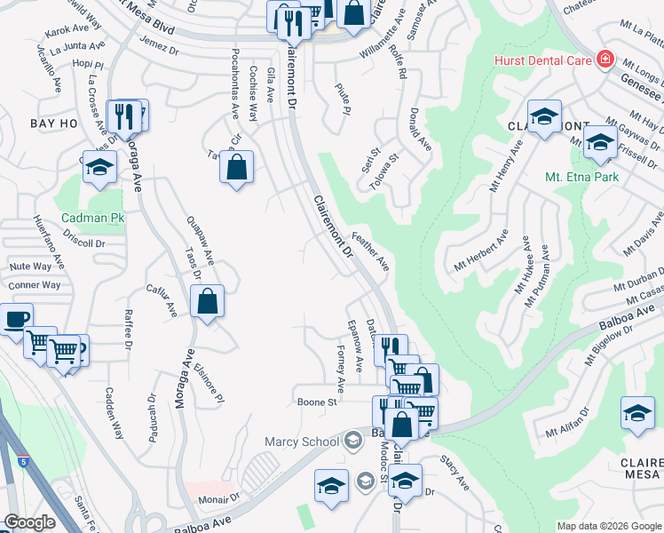 map of restaurants, bars, coffee shops, grocery stores, and more near 4242 Gila Avenue in San Diego