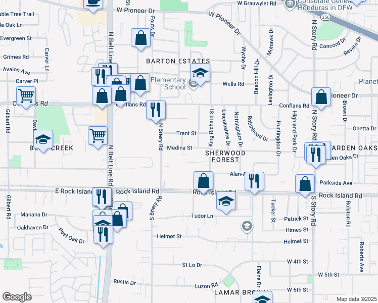 map of restaurants, bars, coffee shops, grocery stores, and more near 3030 Medina Street in Irving