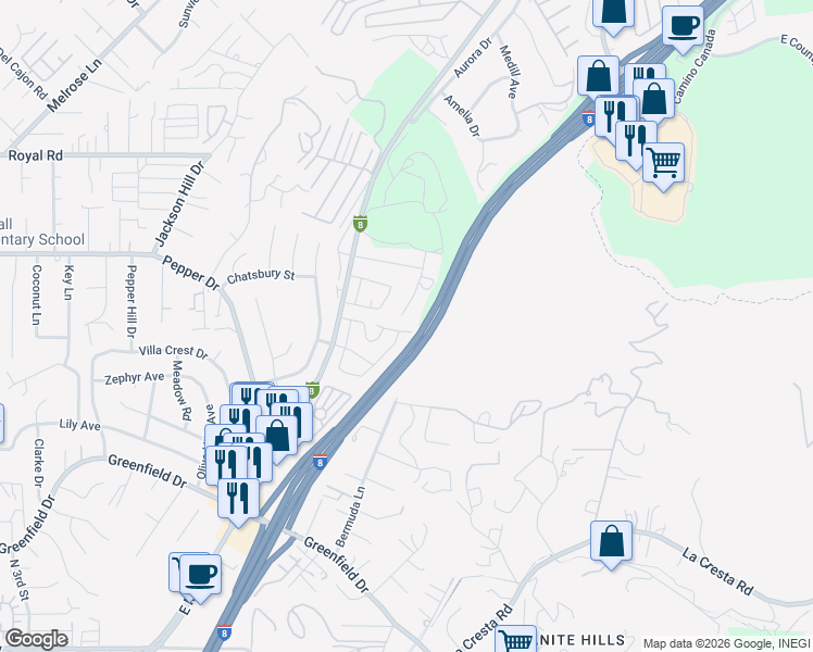 map of restaurants, bars, coffee shops, grocery stores, and more near 1914 Priest Street in El Cajon
