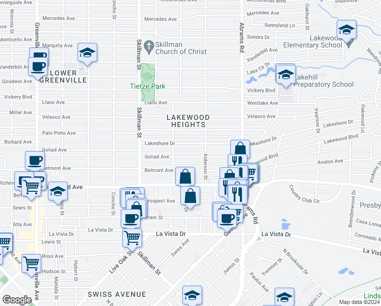 map of restaurants, bars, coffee shops, grocery stores, and more near 6237 Goliad Avenue in Dallas