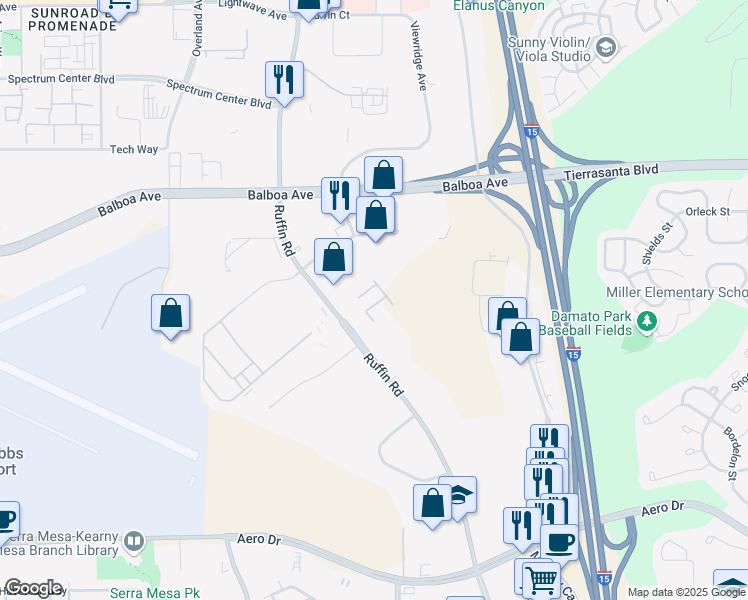 map of restaurants, bars, coffee shops, grocery stores, and more near 4181 Ruffin Road in San Diego