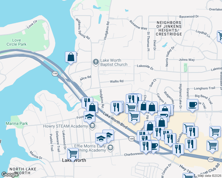 map of restaurants, bars, coffee shops, grocery stores, and more near 6800 Chapel Lane in Fort Worth