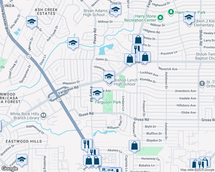map of restaurants, bars, coffee shops, grocery stores, and more near 9750 Ferguson Road in Dallas