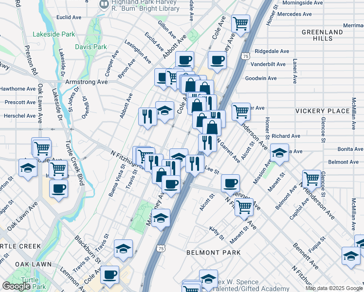 map of restaurants, bars, coffee shops, grocery stores, and more near 4323 McKinney Avenue in Dallas