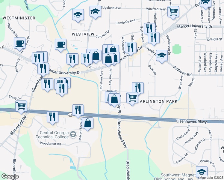 map of restaurants, bars, coffee shops, grocery stores, and more near 1870 Bethlea Avenue in Macon