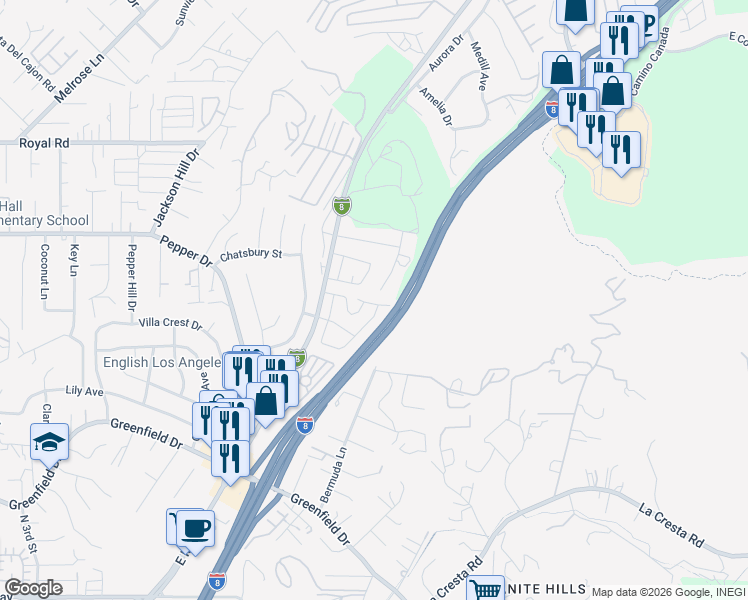 map of restaurants, bars, coffee shops, grocery stores, and more near 1894 Priest Street in El Cajon