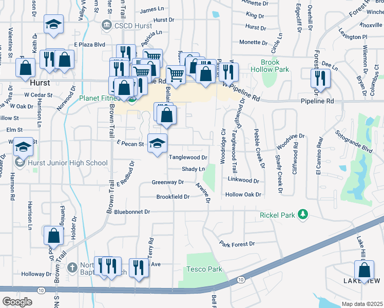 map of restaurants, bars, coffee shops, grocery stores, and more near 737 Tanglewood Drive in Hurst