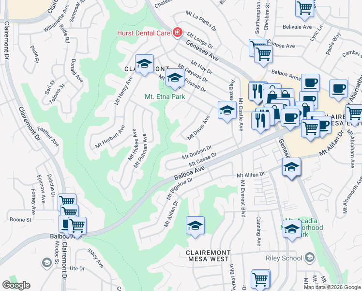 map of restaurants, bars, coffee shops, grocery stores, and more near 4227 Mount Davis Avenue in San Diego