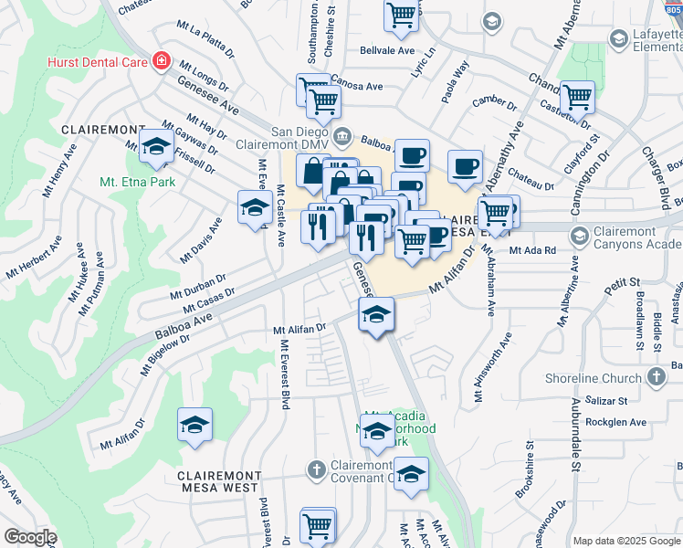 map of restaurants, bars, coffee shops, grocery stores, and more near 5377 Balboa Avenue in San Diego