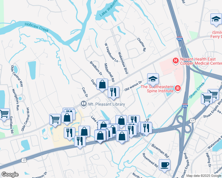 map of restaurants, bars, coffee shops, grocery stores, and more near 1215 Mathis Ferry Road in Mount Pleasant