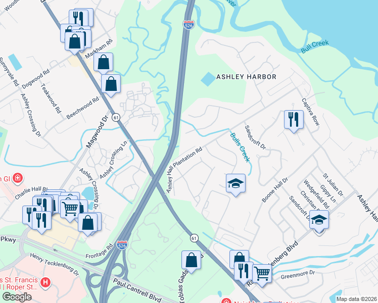 map of restaurants, bars, coffee shops, grocery stores, and more near 91 Ashley Hall Plantation Road in Charleston