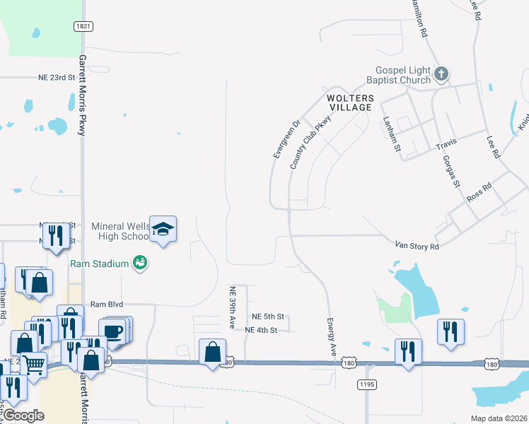 map of restaurants, bars, coffee shops, grocery stores, and more near 117 Evergreen Drive in Mineral Wells