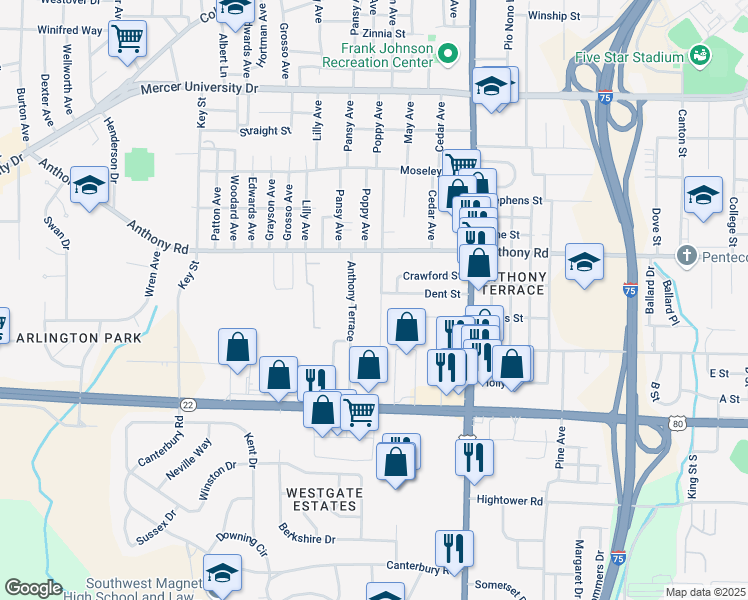 map of restaurants, bars, coffee shops, grocery stores, and more near 2313 Lowe St in Macon